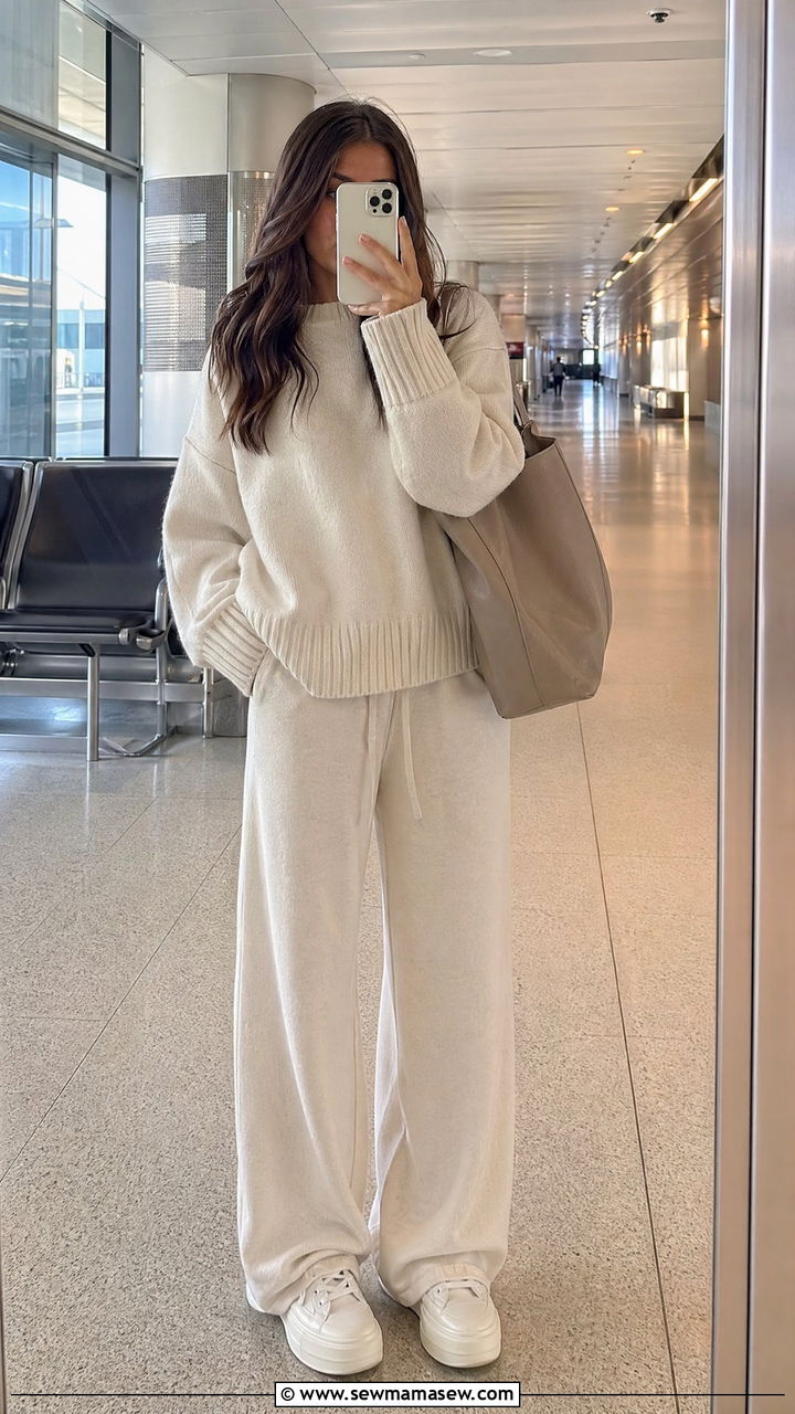 Chunky Sweater With Matching Sweatpants And Sneakers - 35 Comfortable airport outfits