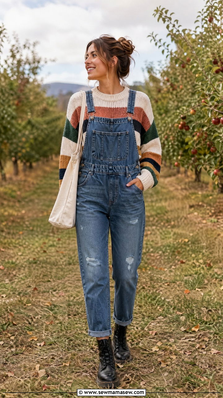 Chunky Sweater With Overalls and Combat Boots - 35 chunky sweater outfit ideas for women