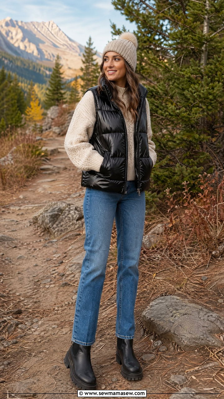 Chunky Sweater With Puffer Vest and Jeans - 35 chunky sweater outfit ideas for women