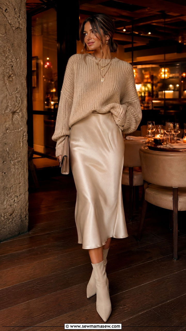 Chunky Sweater With Slip Skirt and Sock Boots - 35 chunky sweater outfit ideas for women