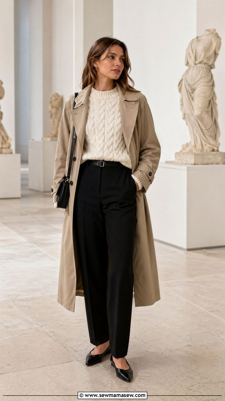 Chunky Sweater With Trench Coat and Trousers - 35 chunky sweater outfit ideas for women