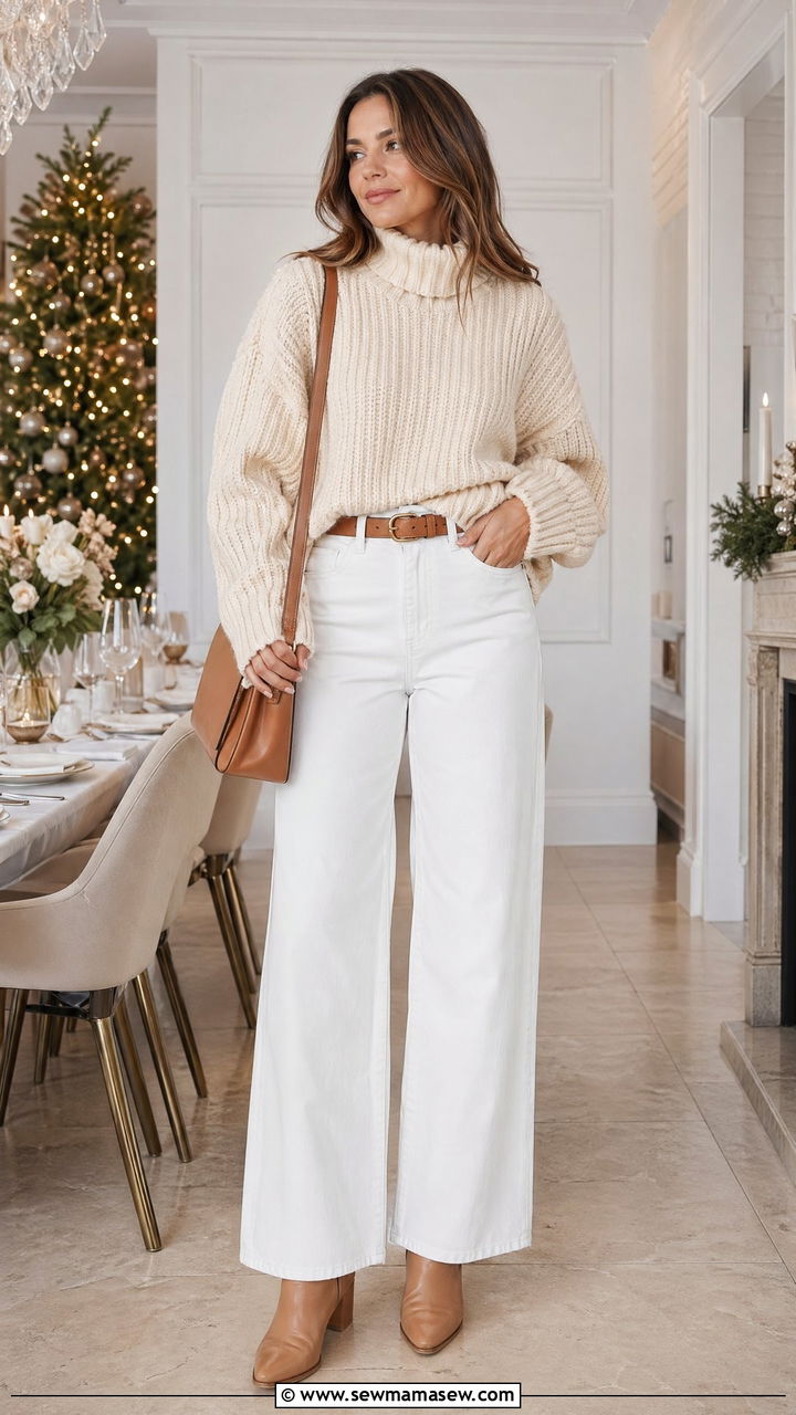 Chunky Sweater With White Denim Outfit - 35 chunky sweater outfit ideas for women