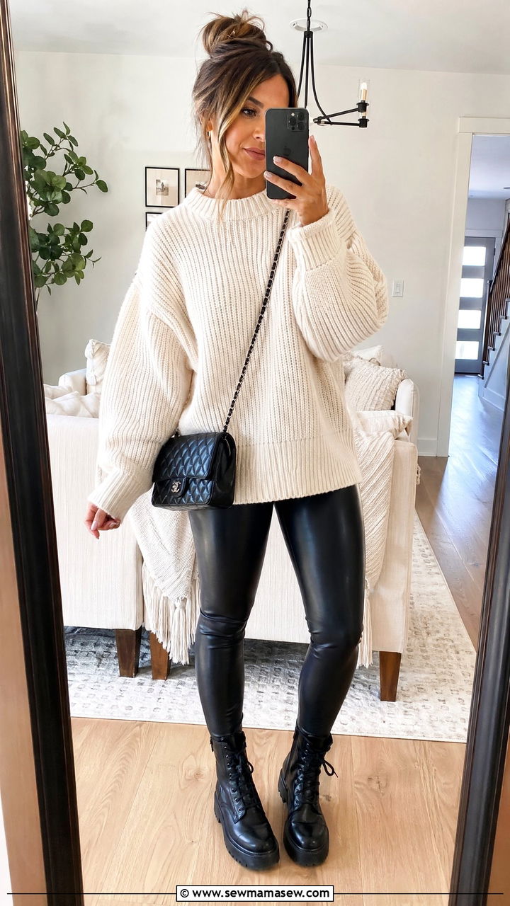 Chunky Sweater with Faux Leather Leggings - 35 classy cute outfits