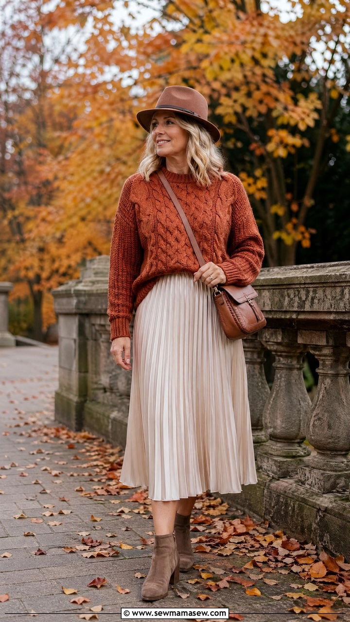 Chunky Sweater with Midi Skirt Fall Travel Outfit - 35 Travel outfits for women over 40
