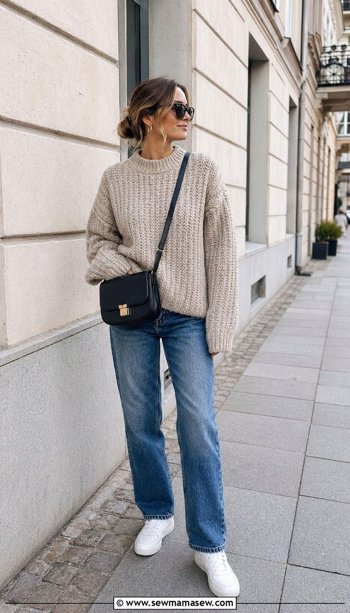 Chunky Sweater with Straight Leg Jeans Outfit - 35 Scandinavian outfit ideas
