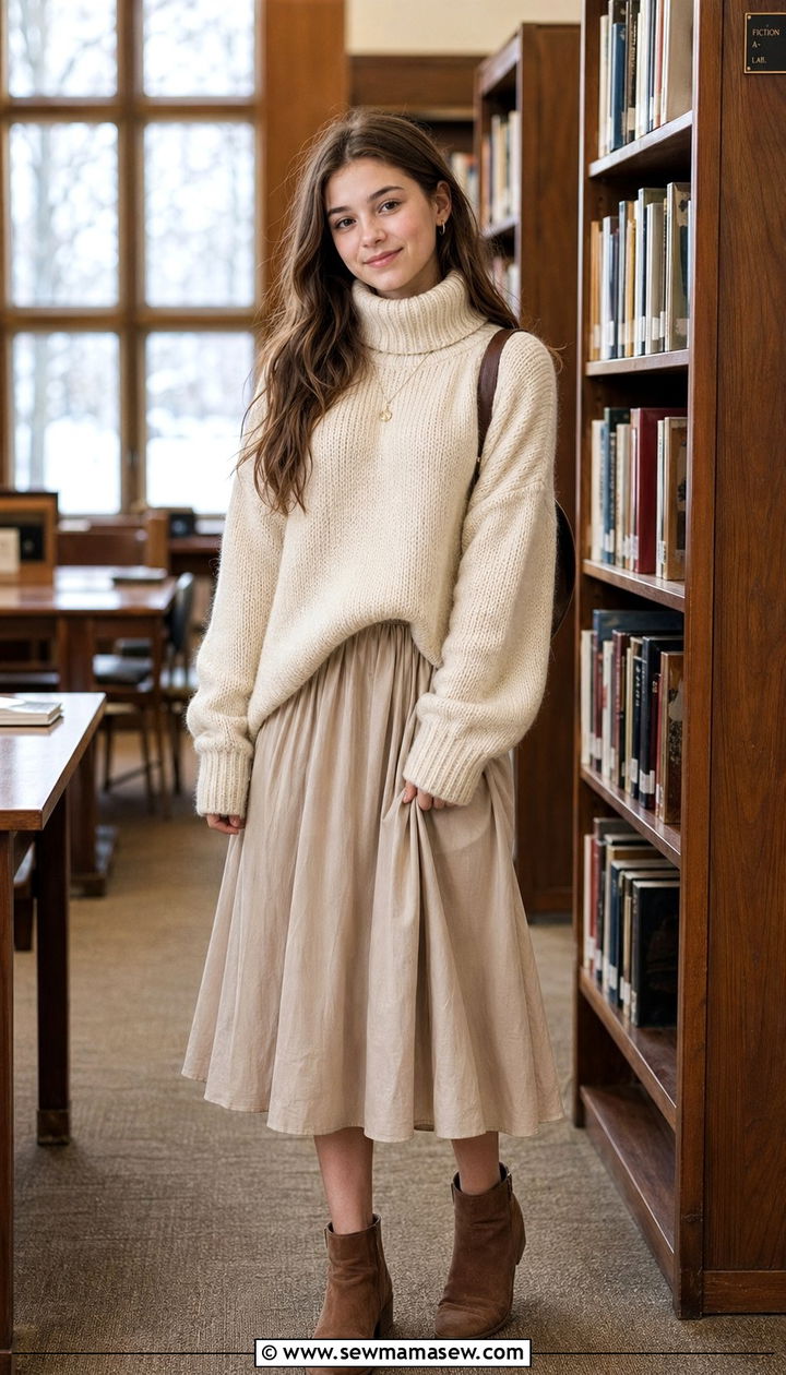 Chunky Turtleneck Sweater and Loose Midi Skirt - 35 school outfits 2026