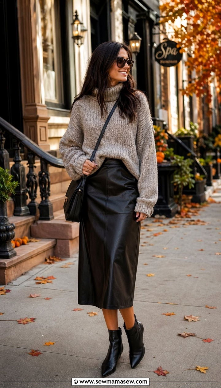 Chunky Turtleneck Sweater with Faux Leather Midi Skirt - 35 Outfit ideas for tall women