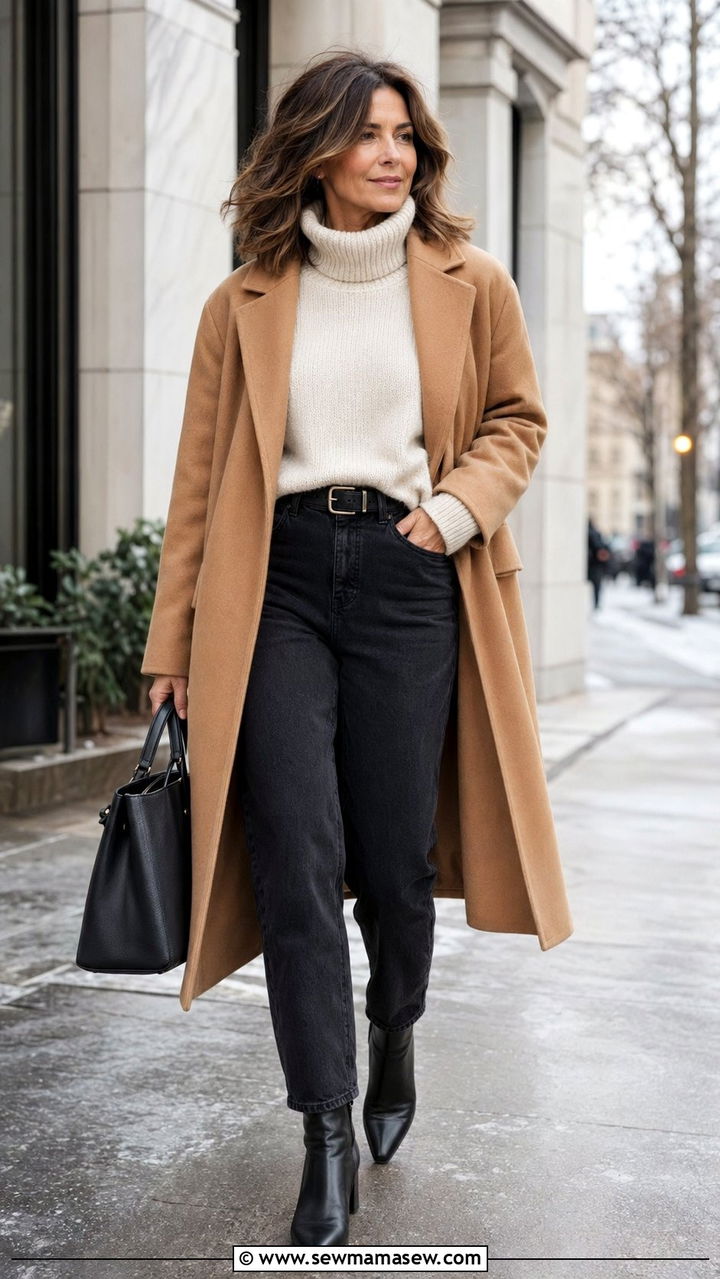 Chunky Turtleneck With Black Mom Jeans And Ankle Boots - 35 mom jeans outfits for women over 40