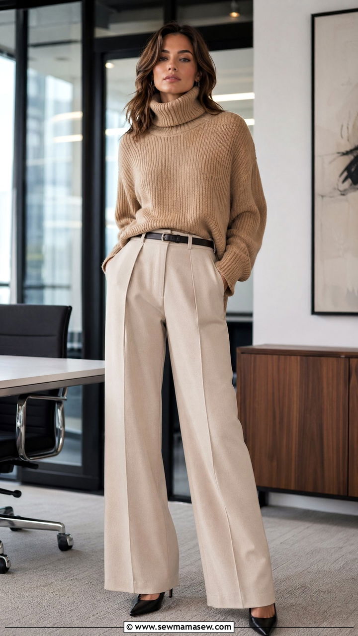 Chunky Turtleneck With Wide Leg Trousers - 35 chunky sweater outfit ideas for women