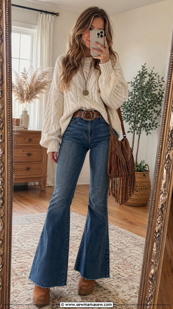 Chunky cable knit sweater with flare jeans - 35 transitional boho outfit ideas