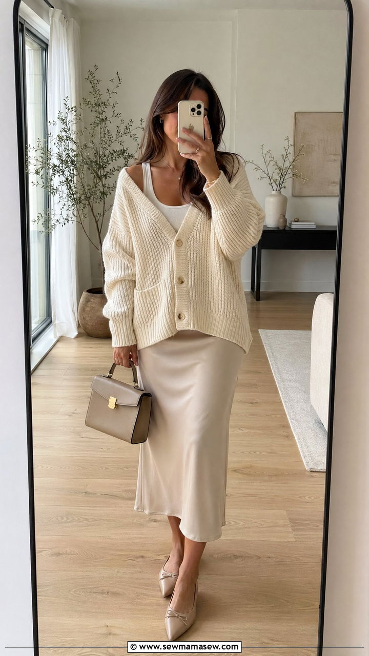 Chunky cardigan and slip skirt spring mom look - 35 Spring capsule wardrobe for moms