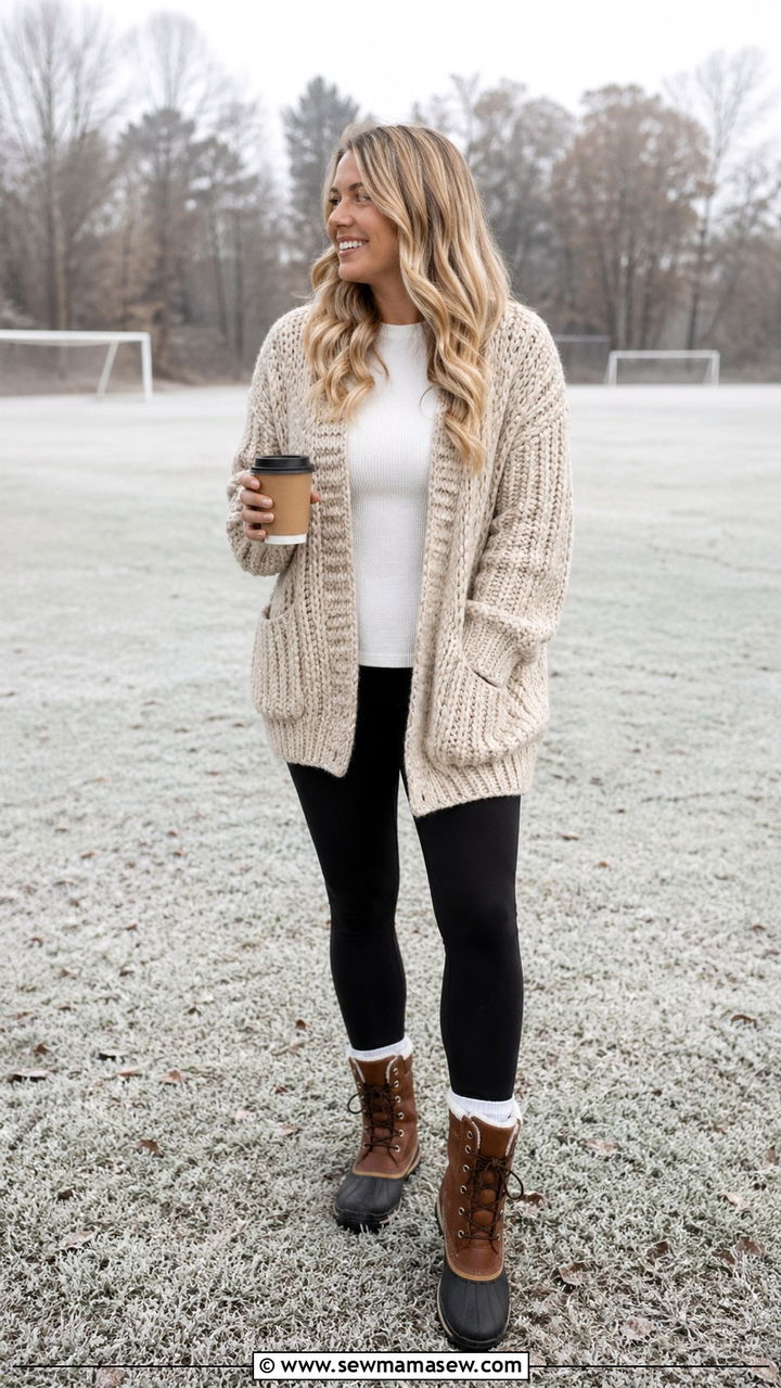 Chunky cardigan with fleece leggings and boots - 30 Sports mom outfit ideas