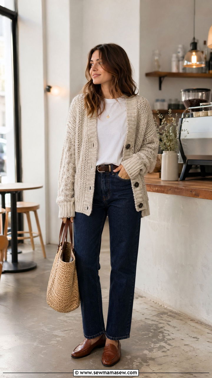Chunky cardigan with straight leg jeans and loafers - 35 classy outfit ideas for women