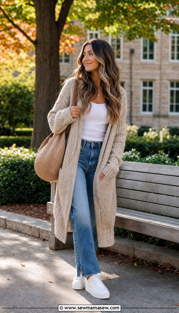 Chunky cardigan with tank top and jeans - 35 school outfit ideas for women
