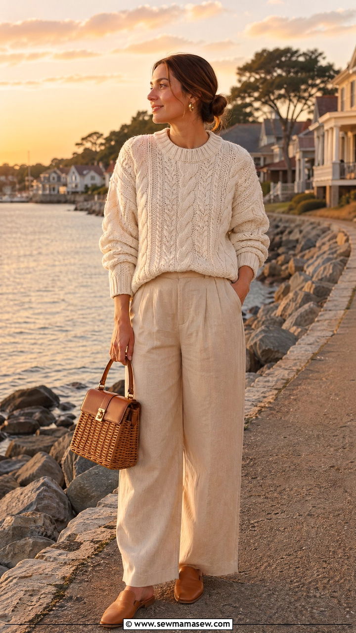 Chunky fisherman sweater and wide leg linen pants coastal grandmother look - 35 coastal grandmother outfits ideas