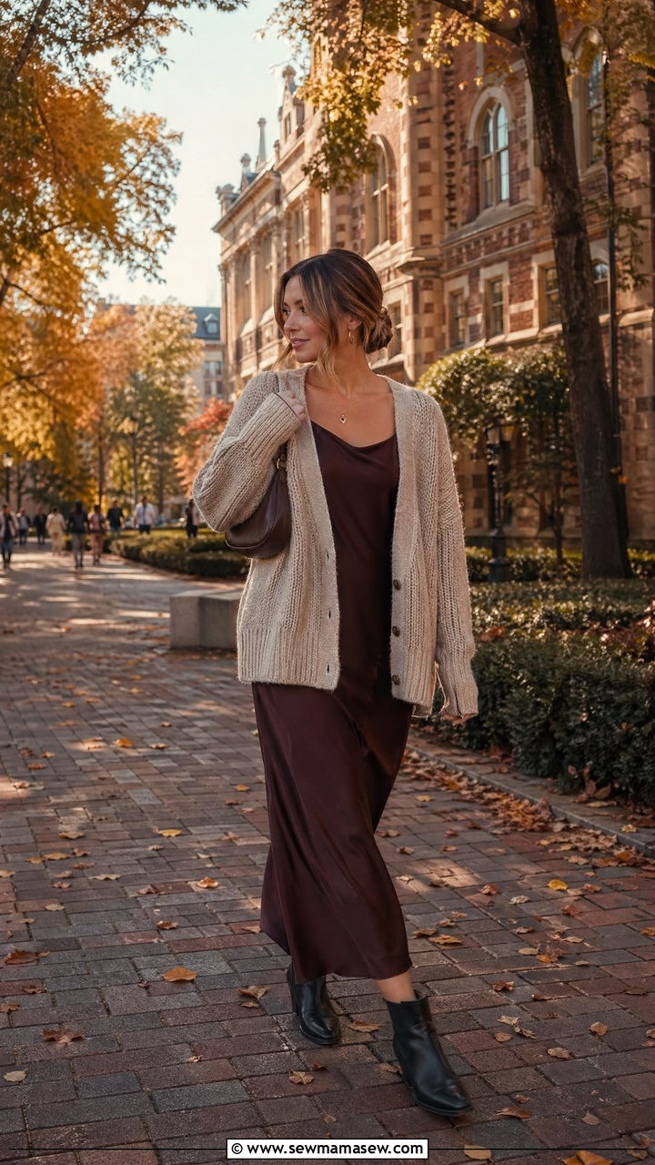 Chunky knit cardigan over slip dress with ankle boots - 35 cute college outfits