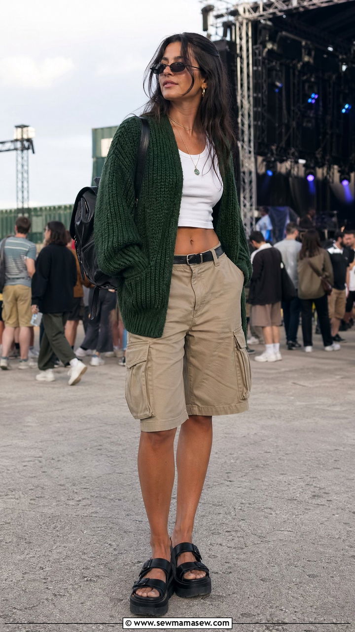 Chunky knit cardigan with cargo Bermudas - 35 Summer outfits with cardigan
