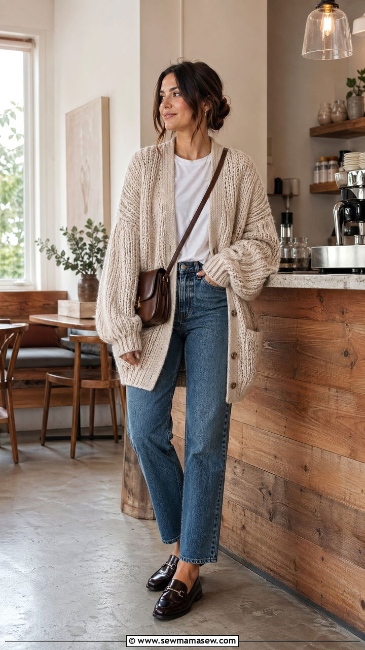 Chunky knit cardigan with straight leg jeans and loafers - 35 spring effortless chic outfit ideas