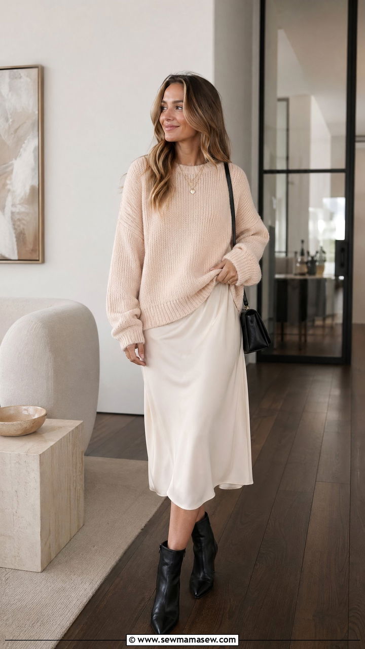 Chunky knit over a slip dress with ankle boots - 35 Spring business casual outfits for women