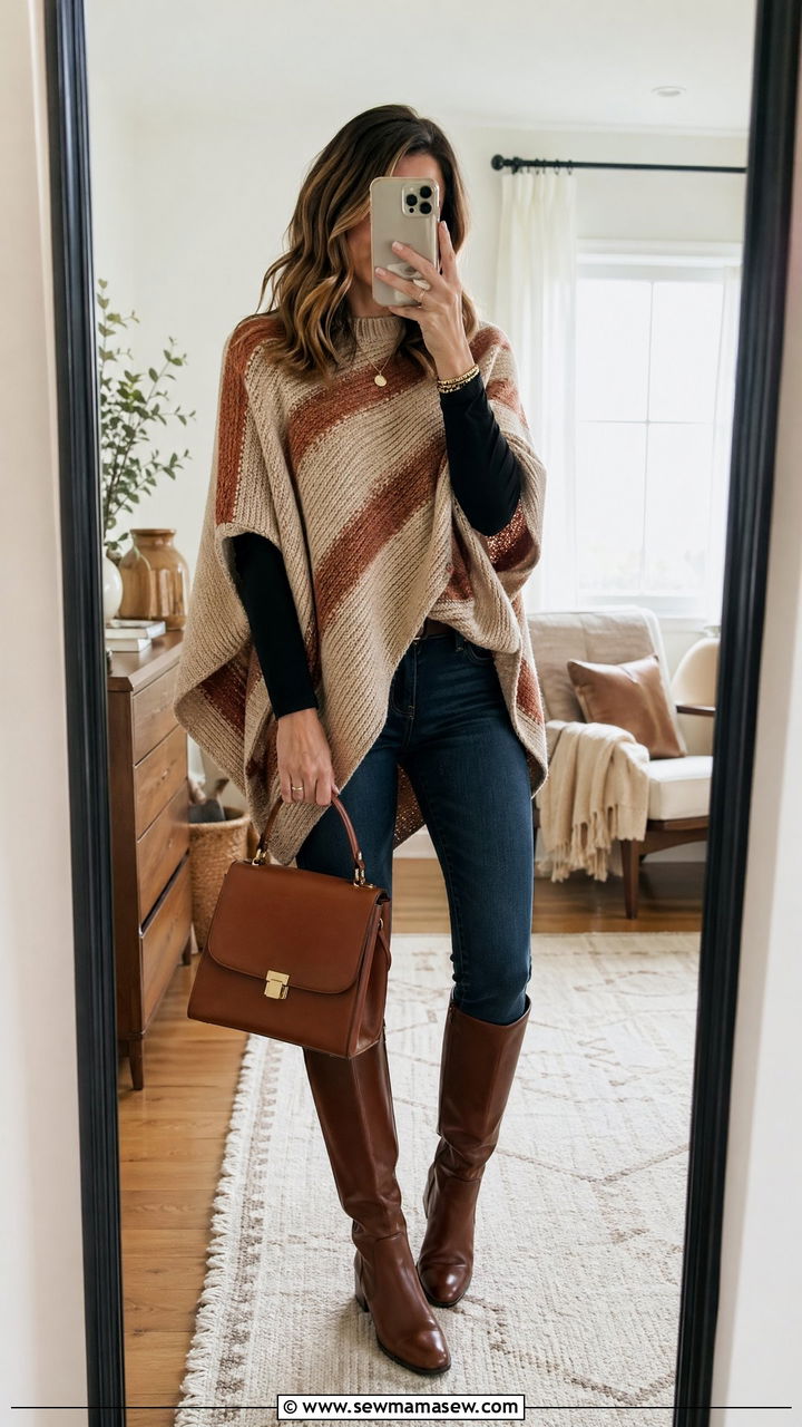 Chunky knit poncho with slim fit pants - 35 transitional boho outfit ideas