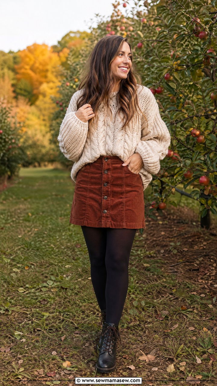 Chunky knit pullover with corduroy mini skirt - 35 Sweater skirt outfit ideas