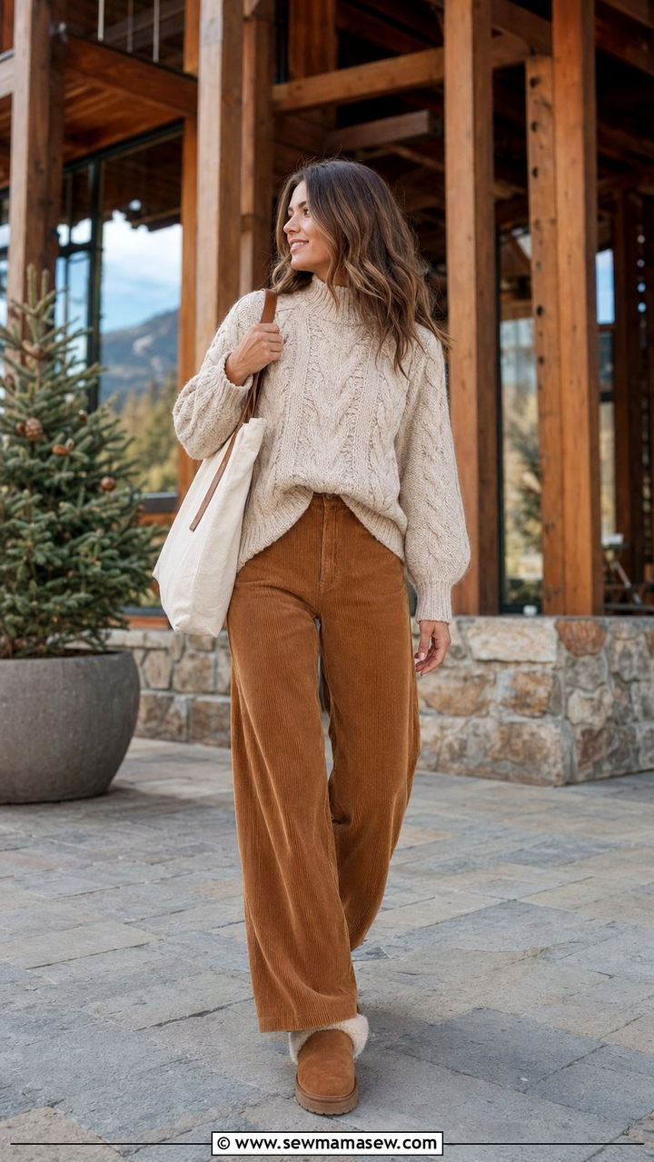 Chunky knit sweater and corduroy pants outfit - 35 Mountain vacation outfit ideas