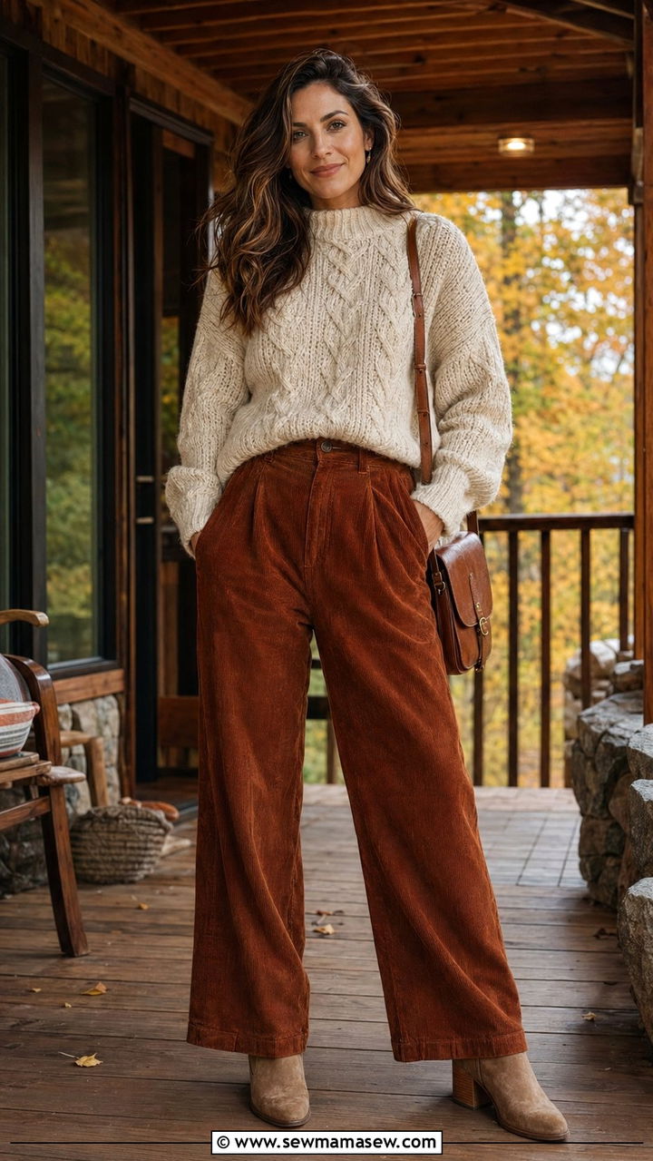 Chunky knit sweater and corduroy pants - 35 Outfit ideas for women in their 30s