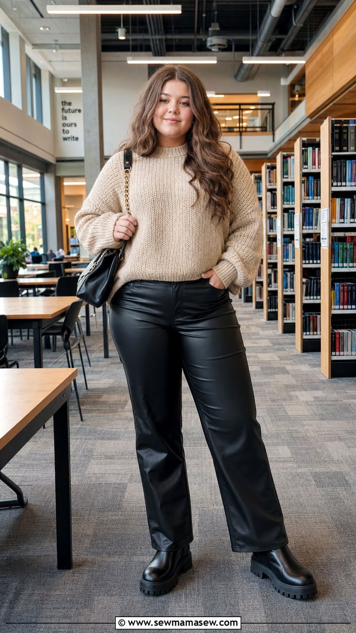 Chunky knit sweater and faux leather pants outfit - 30 Back to school outfit ideas plus size teens