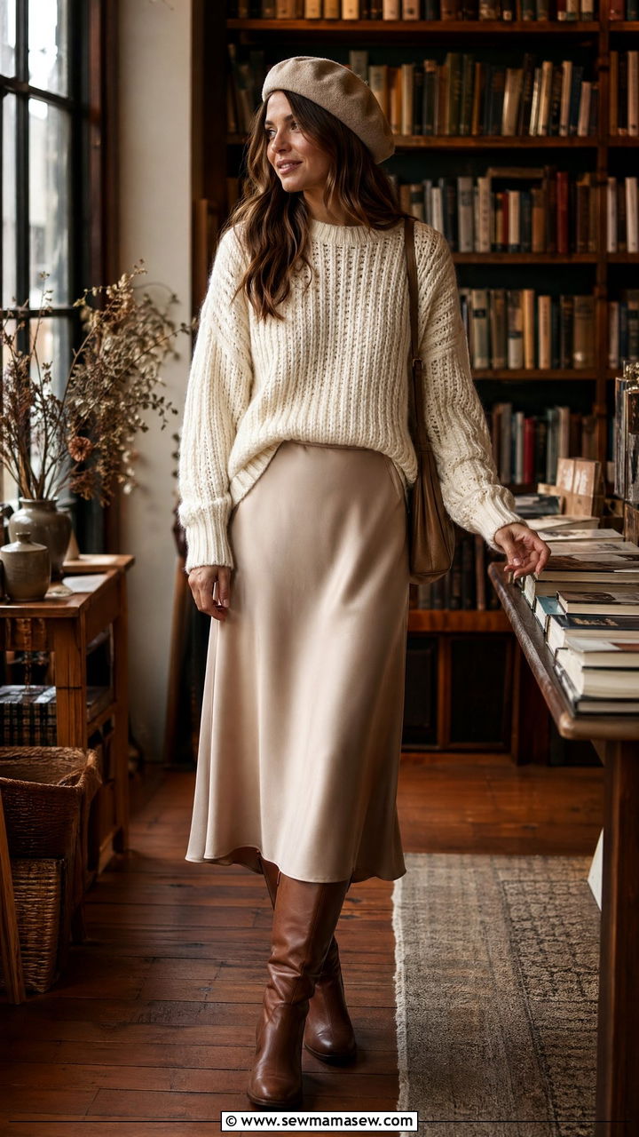 Chunky knit sweater and midi skirt outfit - 35 Comfy outfits for moms