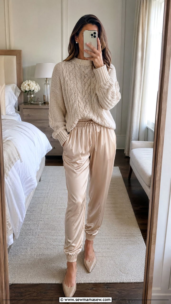 Chunky knit sweater and silk joggers - 35 Chic loungewear outfit ideas