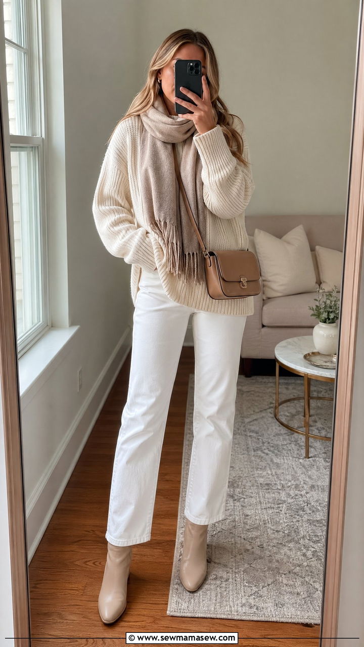 Chunky knit sweater and white jeans outfit - 35 Clean girl aesthetic outfit ideas
