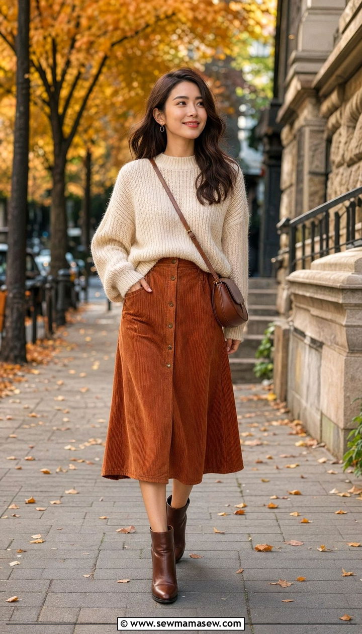 Chunky knit sweater with A line skirt - 30 A line skirt outfit ideas