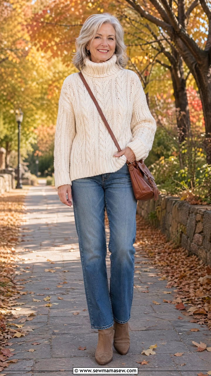 Chunky knit sweater with denim and ankle boots - 35 Travel outfit ideas for women over 50