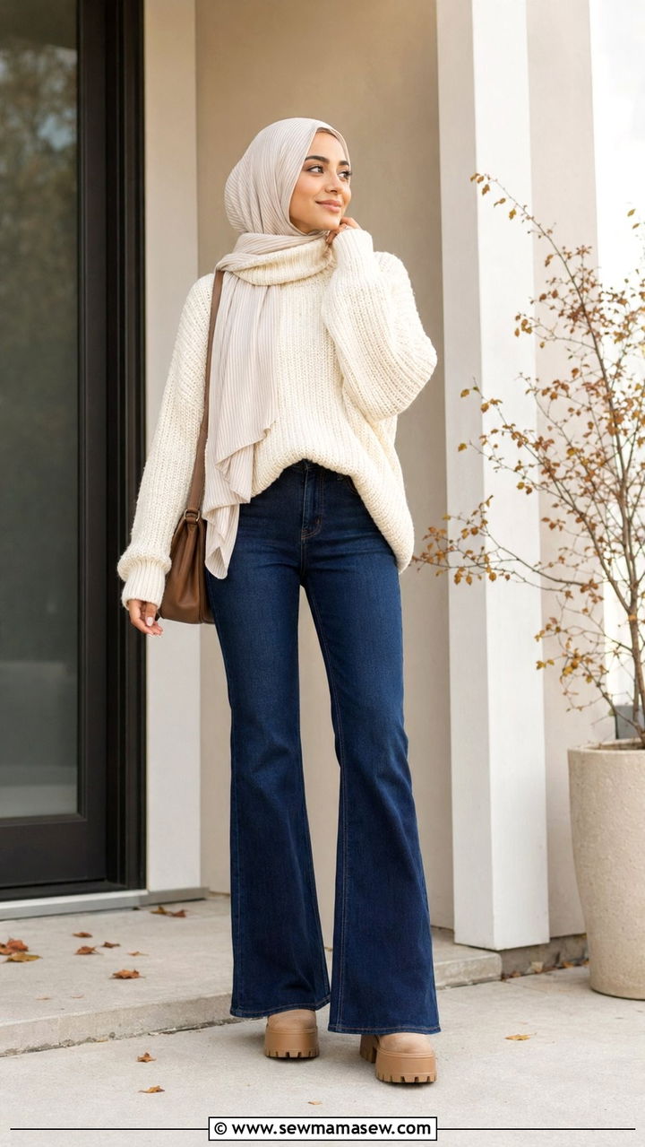 Chunky knit sweater with flare jeans - 35 Modest outfit ideas for hijabis