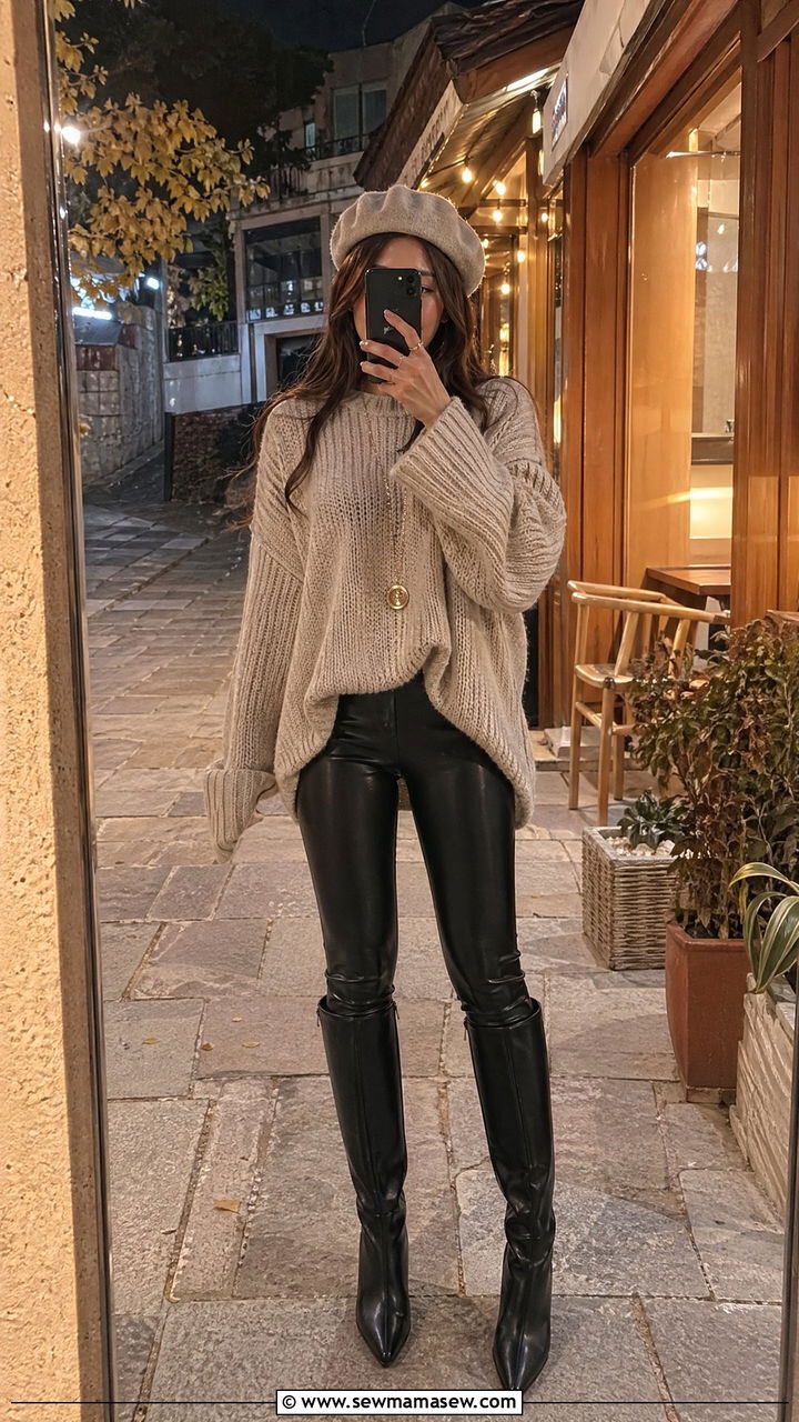 Chunky knit sweater with leggings and knee high boots - 35 Seoul vacation outfit ideas