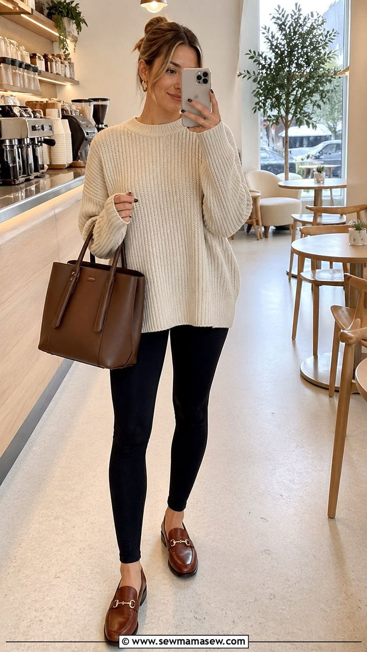 Chunky knit sweater with leggings and loafers - 30 spring leggings outfit ideas