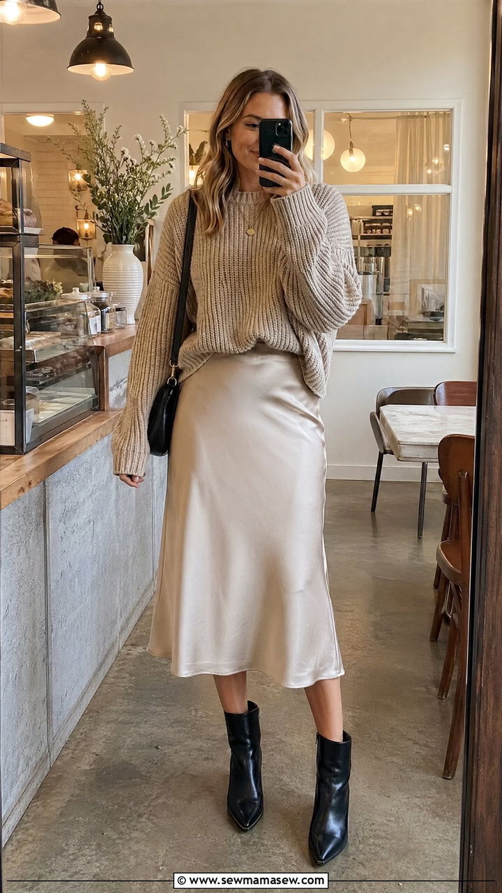 Chunky knit sweater with midi skirt and ankle boots - 35 Transitional wardrobe ideas