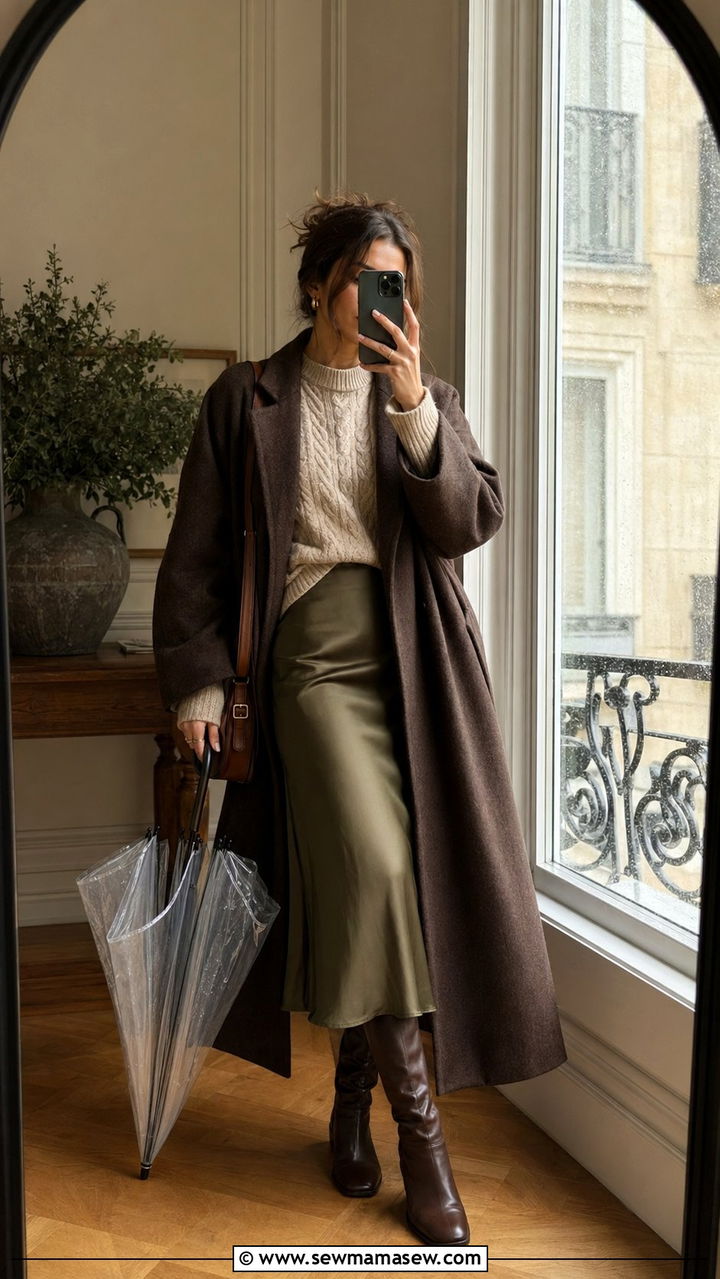 Chunky knit sweater with midi skirt and tall boots - 35 rainy day outfits for women