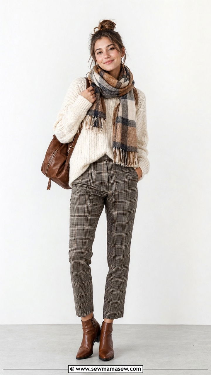 Chunky knit sweater with plaid trousers and ankle boots outfit - 30 Back to school outfit ideas preppy 2026