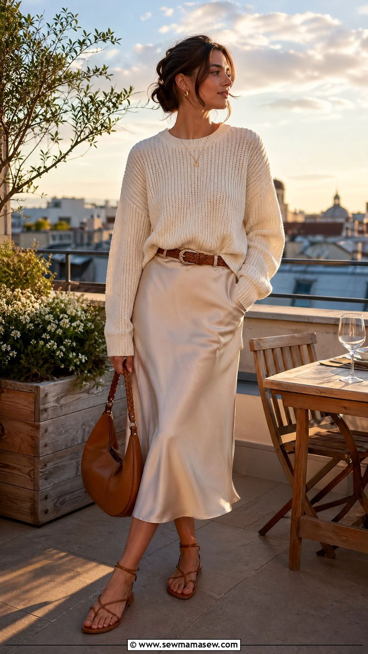 Chunky knit sweater with satin midi skirt - 35 spring smart casual outfit ideas
