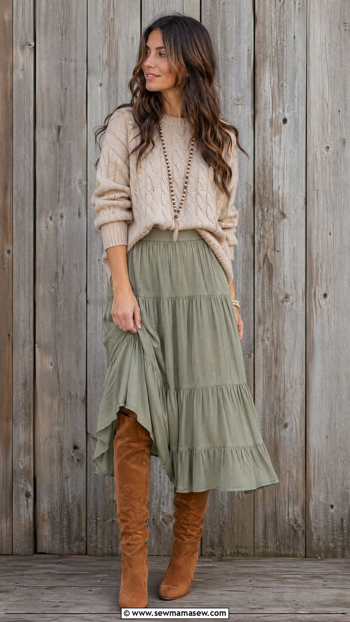 Chunky knit sweater with tiered midi skirt - 35 transitional boho outfit ideas
