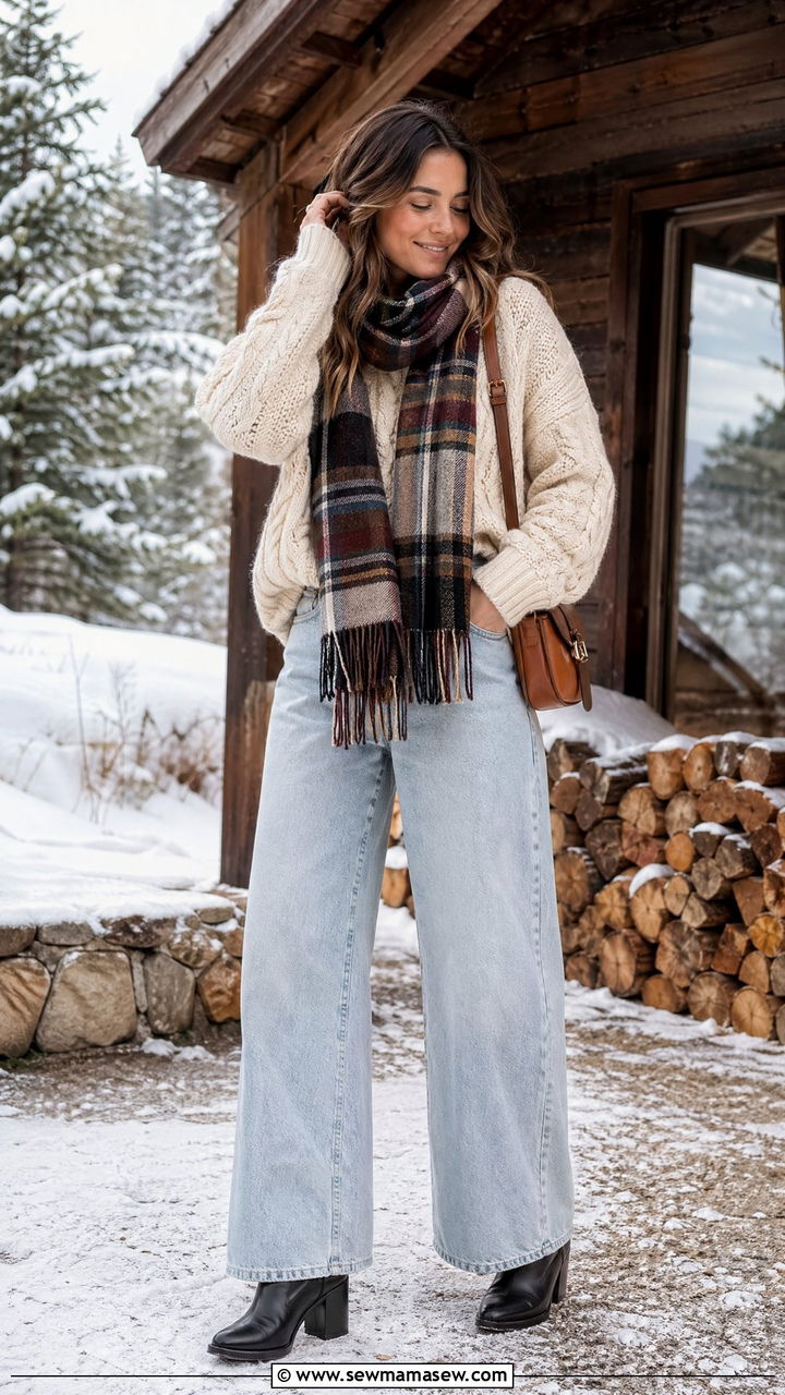 Chunky knit sweater with wide leg jeans and boots - 35 wide leg pants outfits