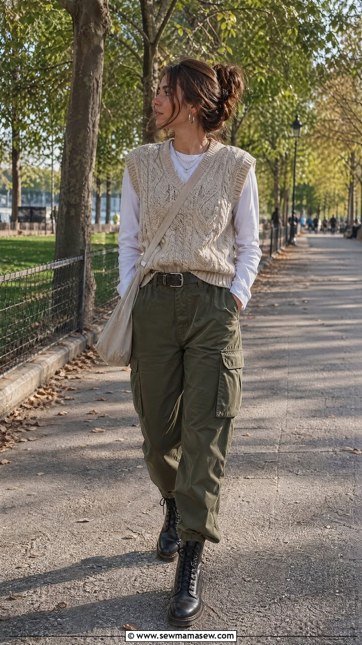 Chunky knit vest with a long sleeve tee and cargo pants - 35 transitional french girl outfit ideas