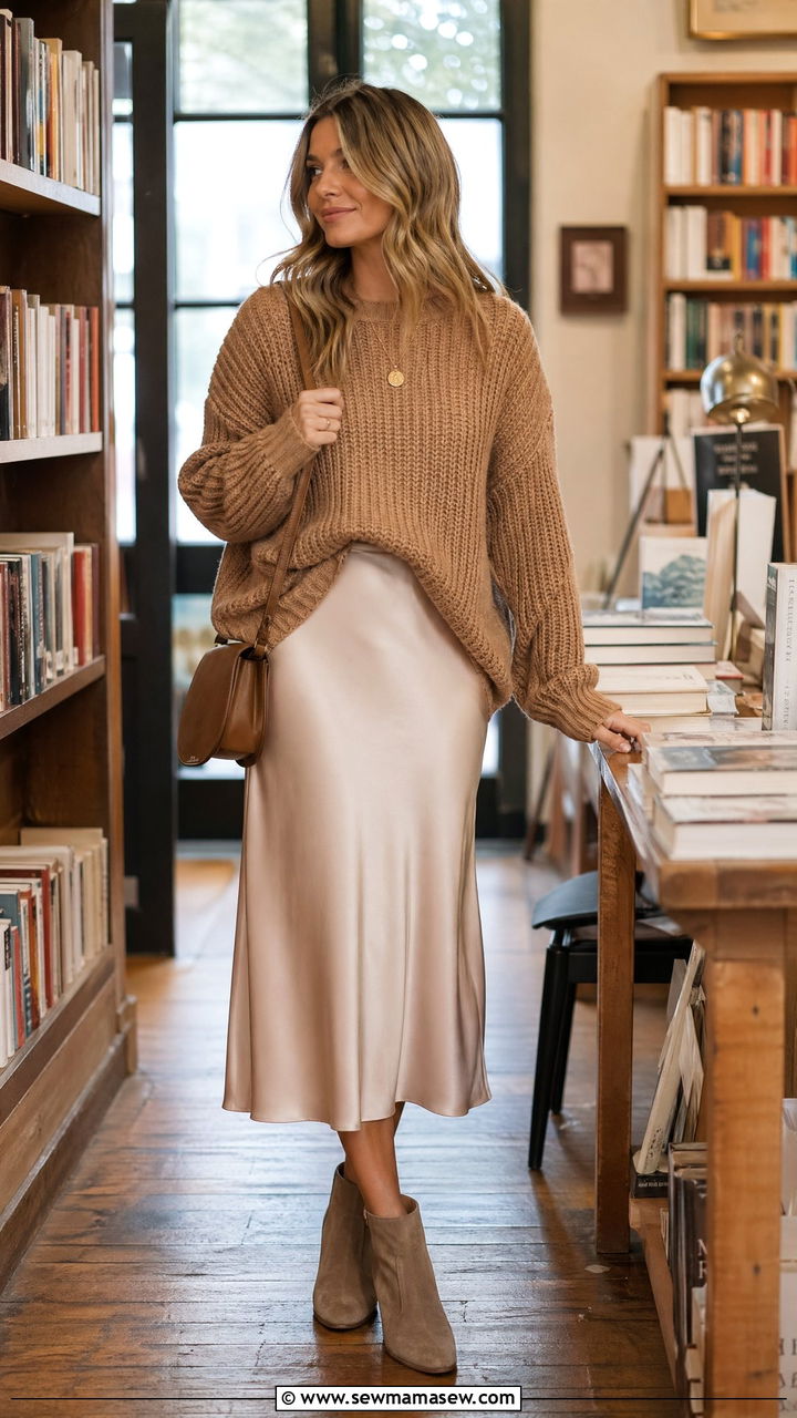 Chunky knit with a slip skirt outfit - 35 Smart casual outfit ideas for women