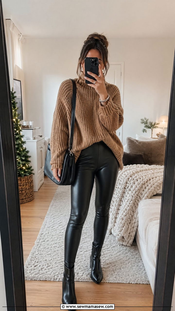 Chunky knit with leather leggings and ankle boots - 35 chic outfit ideas for women