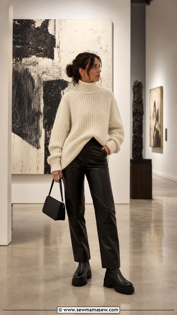 Chunky knit with leather pants museum outfit - 35 museum outfit ideas