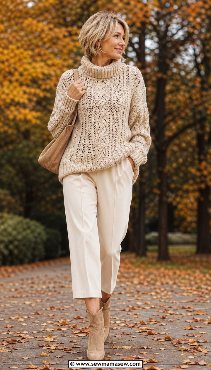 Chunky sweater with cropped trousers and cowboy booties - 30 Western outfit ideas for women over 40