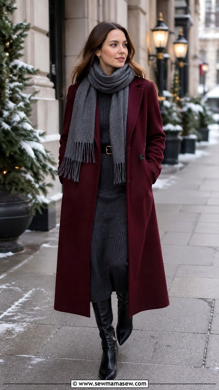 Claret Coat And Grey Scarf - 40 All claret outfit ideas