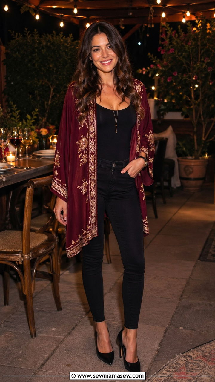 Claret Kimono Jacket And Black Bodysuit - 40 All claret outfit ideas
