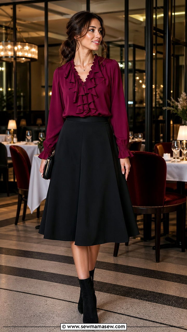 Claret Ruffle Blouse And Black Skirt - 40 All claret outfit ideas